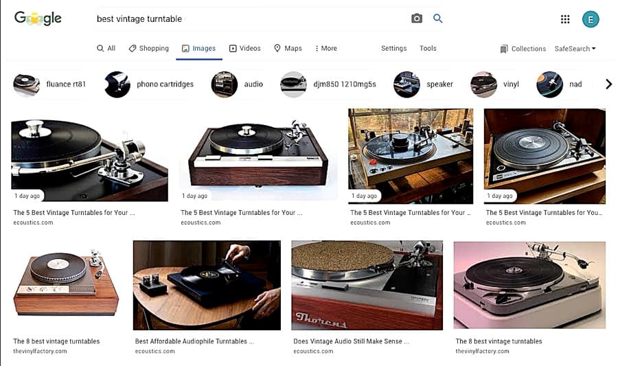 Google Search results for 'Best Vintage Turntable'.