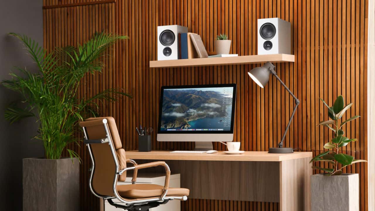 PSB Speakers Alpha IQ Powered Speakers White Office Lifestyle