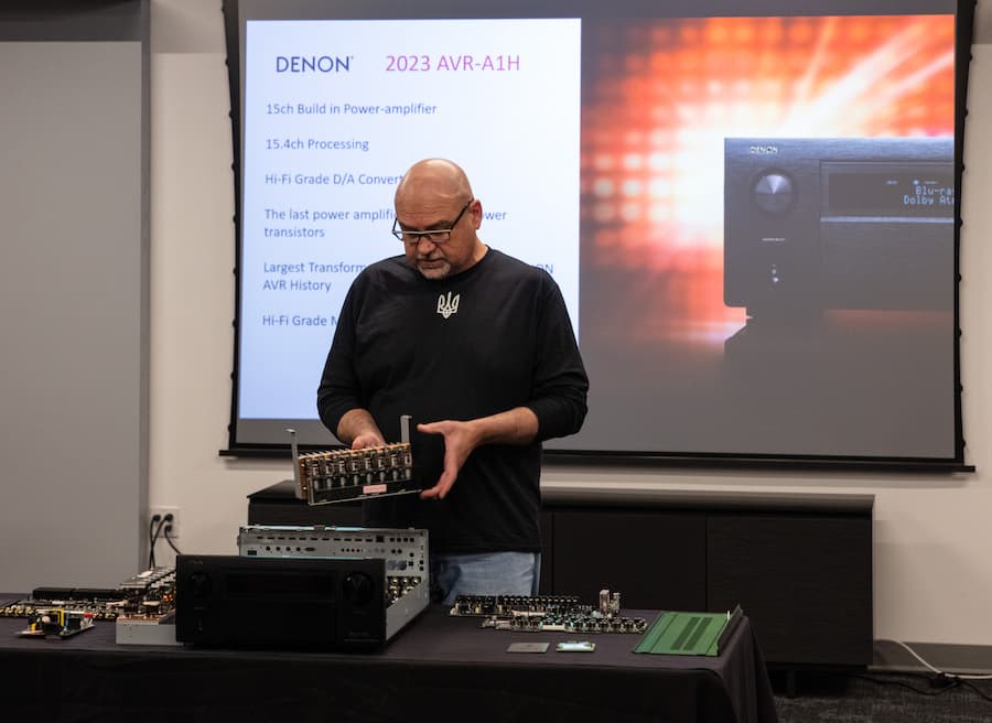 Brendon Stead demonstrates construction and parts of Denon AVR-A1H A/V Receiver