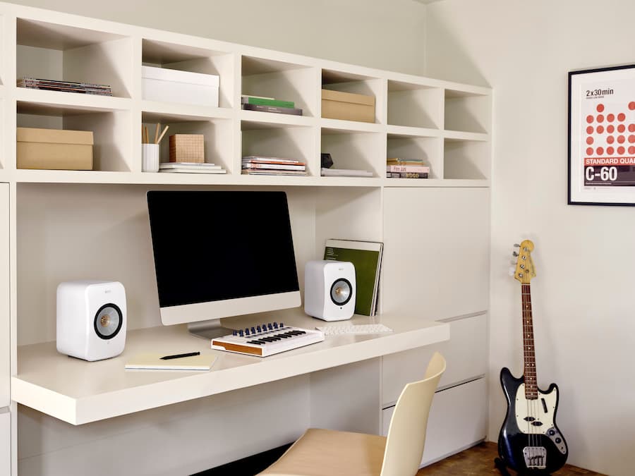 KEF LSX II Wireless Speakers in Mineral White on Desk